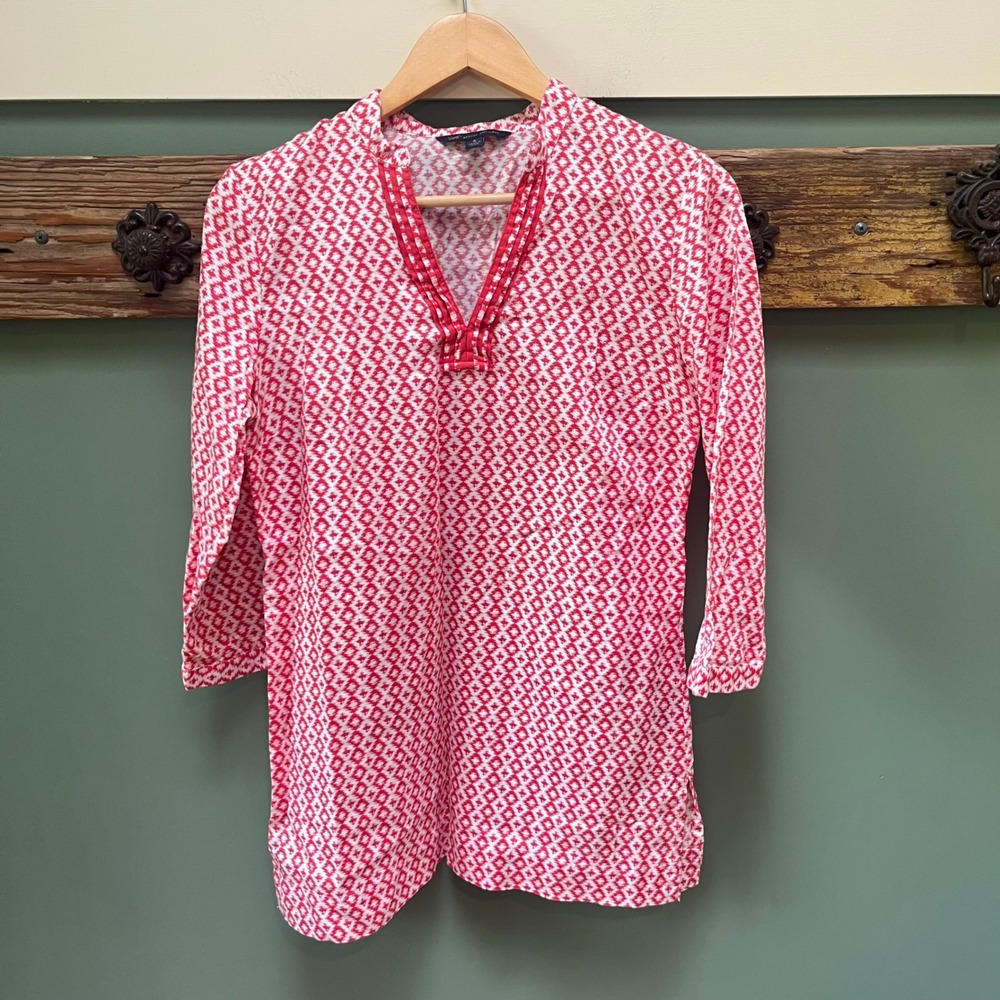 Brooks Brothers 346 Red White Geometric Cotton Tunic Top Split V-Neck Small